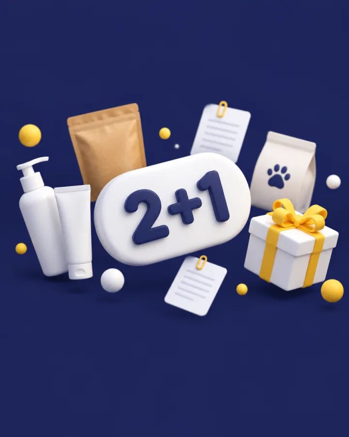 2+1 등록 프로모션 — 화장품·식품·펫푸드 제품과 선물상자